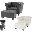 Fauteuil de luxe Chesterfield, fauteuil longue, similicuir ~ pieds ronds, blanc avec ottomane