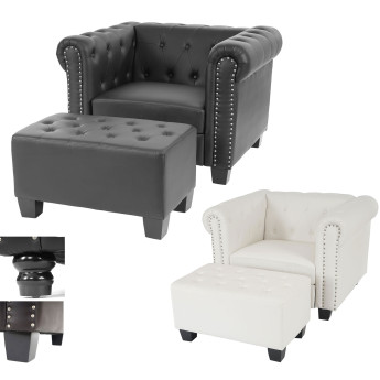 Fauteuil de luxe Chesterfield, fauteuil longue, similicuir ~ pieds ronds, blanc avec ottomane