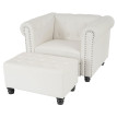 Fauteuil de luxe Chesterfield, fauteuil longue, similicuir ~ pieds ronds, blanc avec ottomane