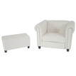 Fauteuil de luxe Chesterfield, fauteuil longue, similicuir ~ pieds ronds, blanc avec ottomane