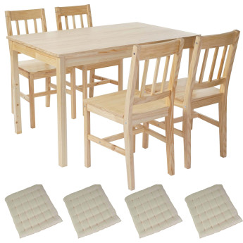 Garniture de salle à manger Harstad, table + 4 chaises, pin ~ nature avec 4 coussins crème