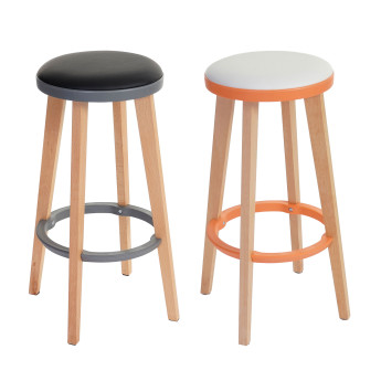 2x tabouret de bar Douglas, chaise de bar/comptoir, bois, similicuir 70x43x43cm ~ blanc/orange