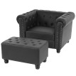 Fauteuil de luxe lounge relax Chesterfield avec pouf, similicuir ~ pieds ronds, noir