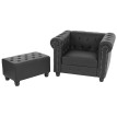Fauteuil de luxe lounge relax Chesterfield avec pouf, similicuir ~ pieds ronds, noir
