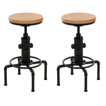 Lot de 2 tabourets de bar HWC-N23, tabouret de bar réglable en hauteur pivotant repose-pieds Industrial acier massif-boi