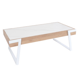 Table basse HWC-L89, table de salon, fer 43x120x64cm Sinterstein imitation marbre blanc bois naturel