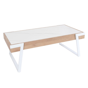Table basse HWC-L89, table de salon, fer 43x120x64cm Sinterstein imitation marbre blanc bois naturel