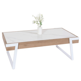 Table basse HWC-L89, table de salon, fer 43x120x64cm Sinterstein imitation marbre blanc bois naturel