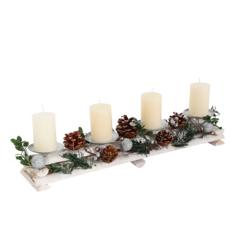 Arrangement de l'Avent HWC-M12 avec porte-bougies, couronne de l'Avent décoration de Noël bois argenté blanc 18x49x13cm