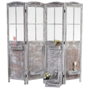 Paravent HWC-M66, Séparation de pièce Cloison de séparation, corbeilles de plantes 4 panneaux, look shabby 170x180x22cm,
