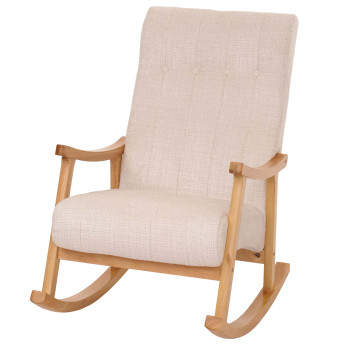 Fauteuil à bascule HWC-K10, fauteuil relax, bois MVG tissu/textile chenille (465g/m²) ~ crème, piètement naturel