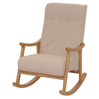 Fauteuil à bascule HWC-K10, fauteuil relax, bois MVG tissu/textile bouclé (450g/m²) ~ beige, piètement naturel