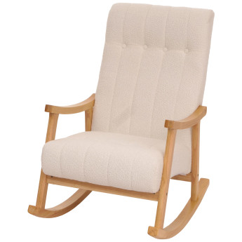 Fauteuil à bascule HWC-K10, fauteuil relax, bois MVG tissu/textile bouclé (450g/m²) ~ crème, piètement naturel