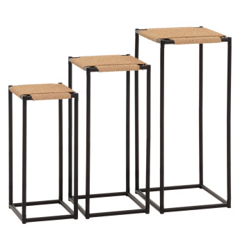 Set de 3 tables à fleurs HWC-N70, table d'appoint table support à fleurs, empilable, métal corde à papier ~ couleur natu