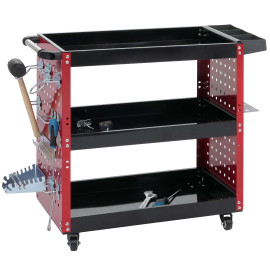 Chariot à outils HWC-M26, chariot à roulettes Chariot d'atelier, roulettes Poignée 3 plateaux Grille perforée, acier 73x
