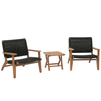 Ensemble de jardin lounge HWC-N49, balcon ensemble de fauteuils, corde tressée Rope bois acacia certifié MVG, noir