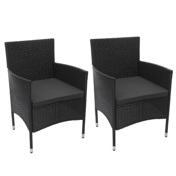2x fauteuil en polyrotin HWC-F49, chaise de jardin, balcon, empilable ~ anthracite, coussin gris foncé