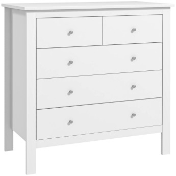 Commode 5 tiroirs style contemporain poignées boutons métal MDF blanc
