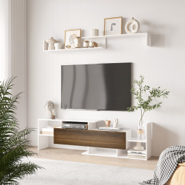 Ensemble meuble tv étagère murale KARLA aspect bois de noyer et blanc