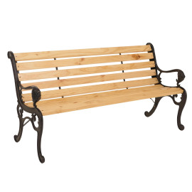 Banc de jardin HWC-O25, banc 3 places en bois et fonte, 164 cm - naturel