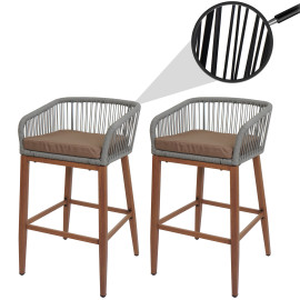Lot de 2 tabourets de bar Rope HWC-O22, coussins d'extérieur en corde tressée métal aspect