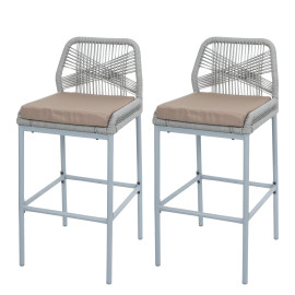 Lot de 2 tabourets de bar Rope HWC-O21, Outdoor assise rembourrée corde tressée métal - gr