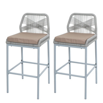 Lot de 2 tabourets de bar Rope HWC-O21, Outdoor assise rembourrée corde tressée métal - gr