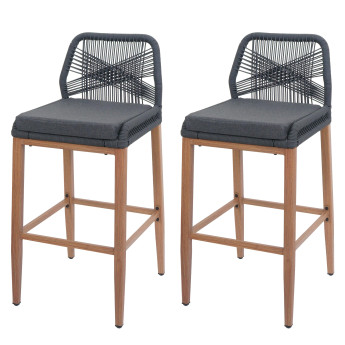 Set de 2 tabourets de bar Rope HWC-O21, coussins d'assise Outdoor corde tressée métal aspe
