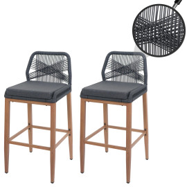 Set de 2 tabourets de bar Rope HWC-O21, coussins d'assise Outdoor corde tressée métal aspe