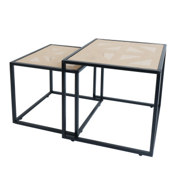 Lot de 2 tables d'appoint HWC-N88, table basse table de salon, tressée aspect rotin