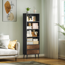 Bibliothèque 4 étagères 2 tiroirs CARBON gris charbon et effet bois