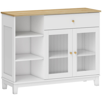 Buffet 2 portes vitrées effet cannelé ALMENA aspect bois et blanc