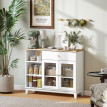 Buffet 2 portes vitrées effet cannelé ALMENA aspect bois et blanc