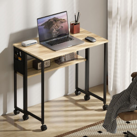 Bureau pliable à roulettes LENZA aspect chêne clair et noir