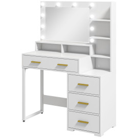Coiffeuse miroir LED 4 tiroirs CHLOË blanche et or