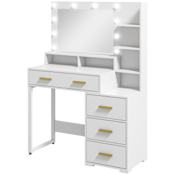 Coiffeuse miroir LED 4 tiroirs CHLOË blanche et or