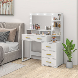 Coiffeuse miroir LED 4 tiroirs CHLOË blanche et or