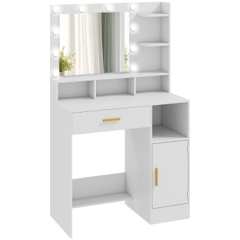 Coiffeuse miroir Hollywood multi-rangement LUNA blanche et or