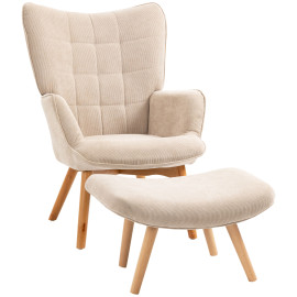 Fauteuil à oreilles et repose-pieds LEONIE velours beige