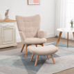 Fauteuil à oreilles et repose-pieds LEONIE velours beige