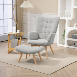 Fauteuil à oreilles et repose-pieds ANNIE velours gris