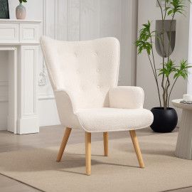 Fauteuil à oreilles effet laine bouclée CARLO beige clair