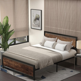 Lit double design industriel 160 x 200 cm FABIO acier aspect bois