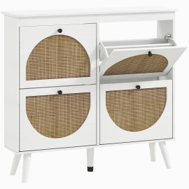 Meuble à chaussures 4 portes rotin VALERIA aspect bois blanc