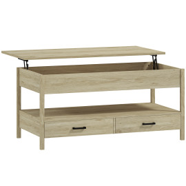 Table basse relevable 2 tiroirs étagère NORA effet bois clair