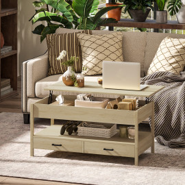 Table basse relevable 2 tiroirs étagère NORA effet bois clair