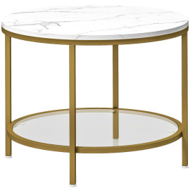 Table basse ronde étagère verre AURELIA effet marbre blanc et or