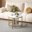 Table basse ronde étagère verre AURELIA effet marbre blanc et or