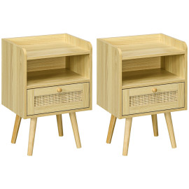 Lot de 2 tables de nuit style bohème cannage YARO effet bois clair