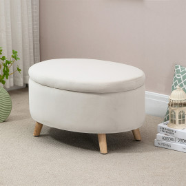 Pouf coffre de rangement piètement bois velours CAMILLE beige